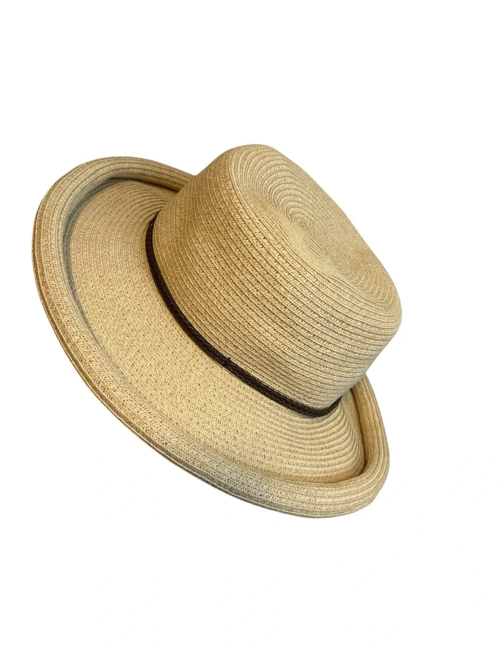 Nine West Straw Hat Rolled Brim Braided Band Accent Tan & Brown
